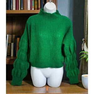 PODIUM Green Wool Blend Sweater Sz M Balloon Long-Sleeve Crop Knit Top Mock Neck